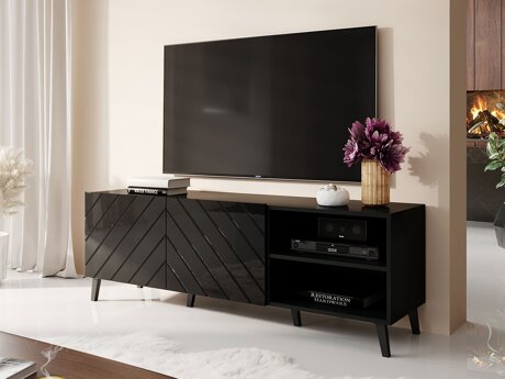 TV-meubel Charlotte 144 (Zwart + Glanzend zwart)
