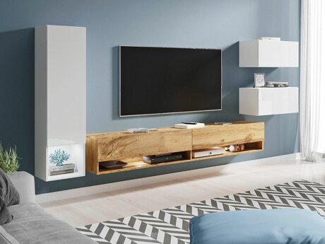 Woonkamerset Sarasota 124 (Wit + Glanzend wit + Wotan eik)