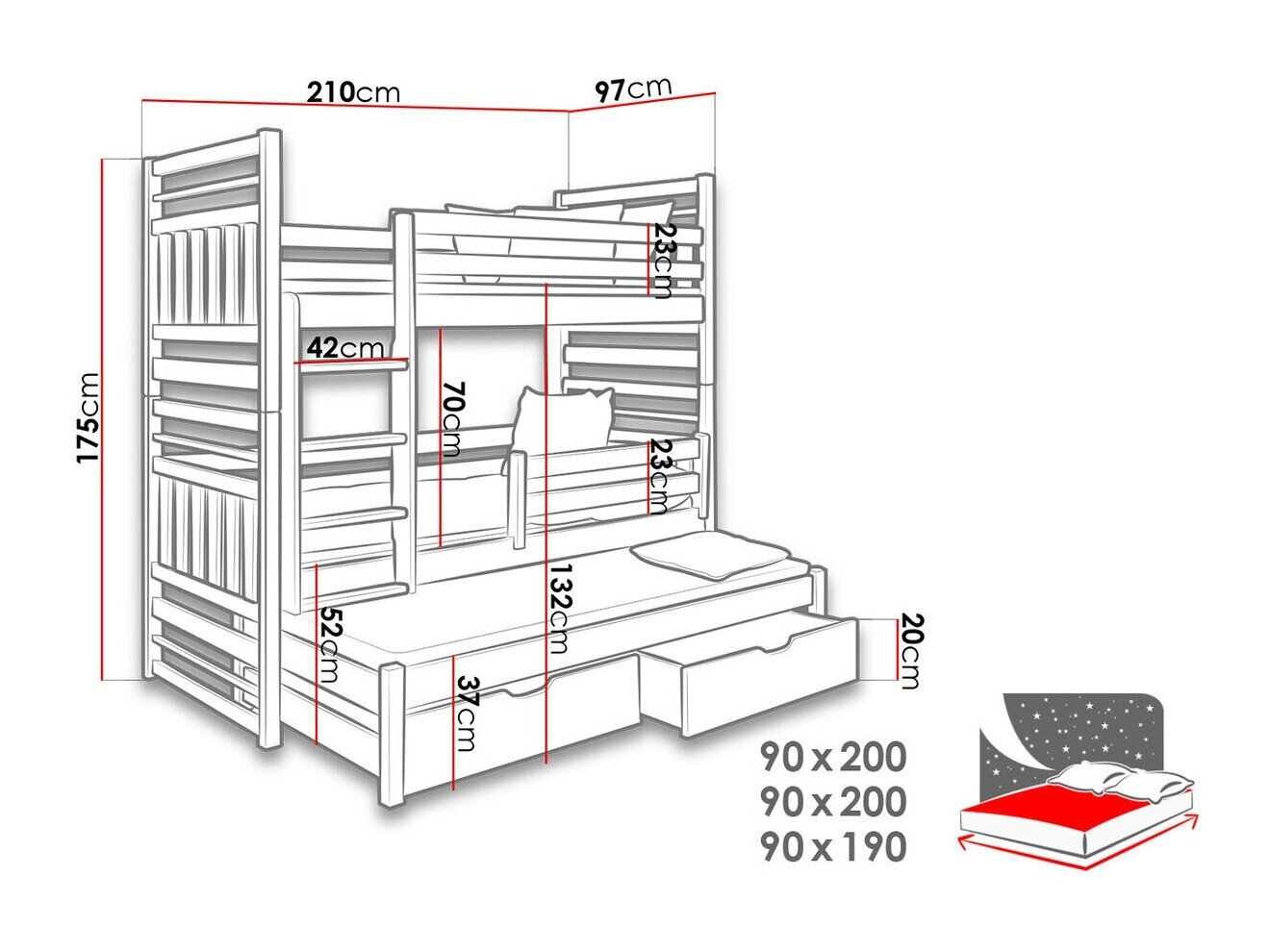 Køjeseng Henderson 124 (Grafit + Grå)