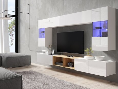 Stuemøbelsæt Remus XXIV (Hvid + Glansfuld hvid + Gylden eg)