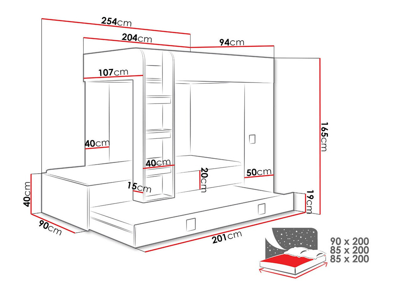 Køjeseng Hartford 191 (Hvid + Blank sort + Glansfuld hvid)
