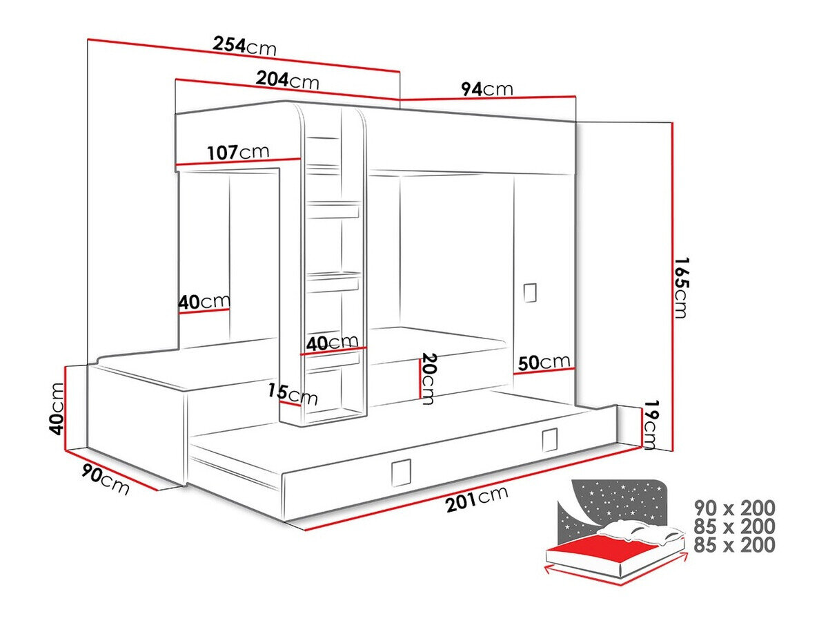 Køjeseng Hartford 191 (Hvid + Glansfuld hvid + Blank sort)
