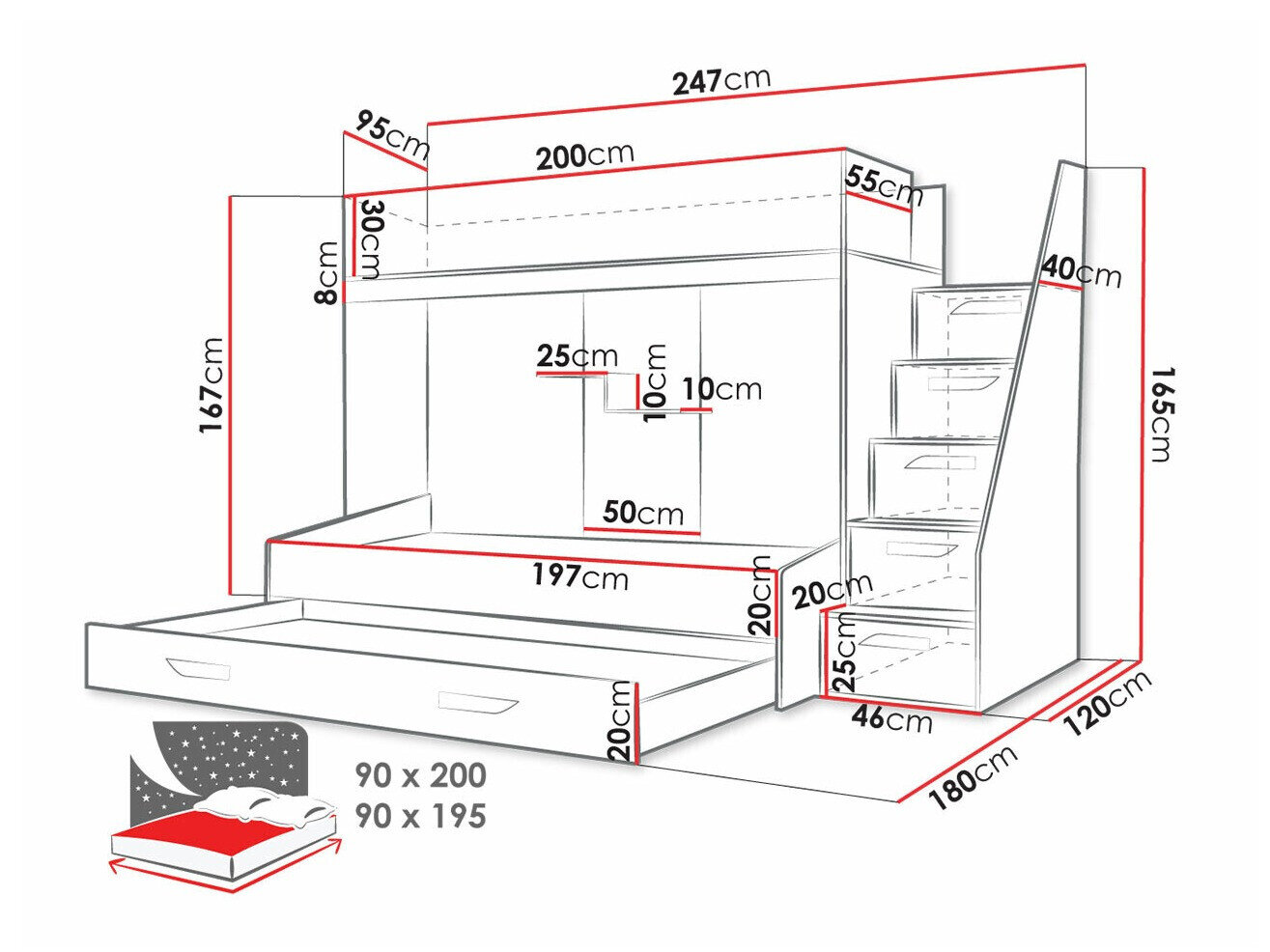 Køjeseng Hartford 356 (Hvid + Blankt Turkis + Glansfuld hvid)
