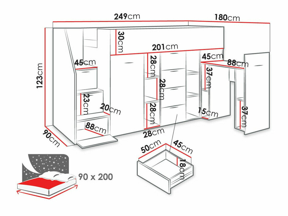 Køjeseng Hartford 364 (Beton + Hvid)