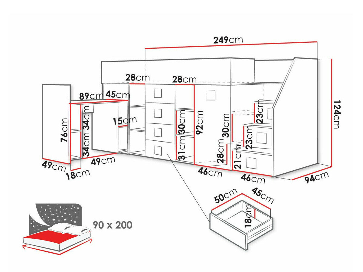 Køjeseng Hartford 366 (Hvid + Glansfuld hvid + Sort)