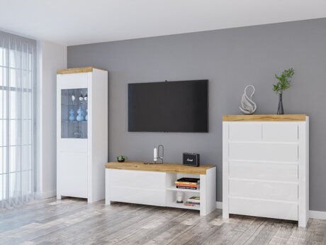 Stuemøbelsæt Sonsoru 149 (Hvid + Glansfuld hvid + Wotan eg)