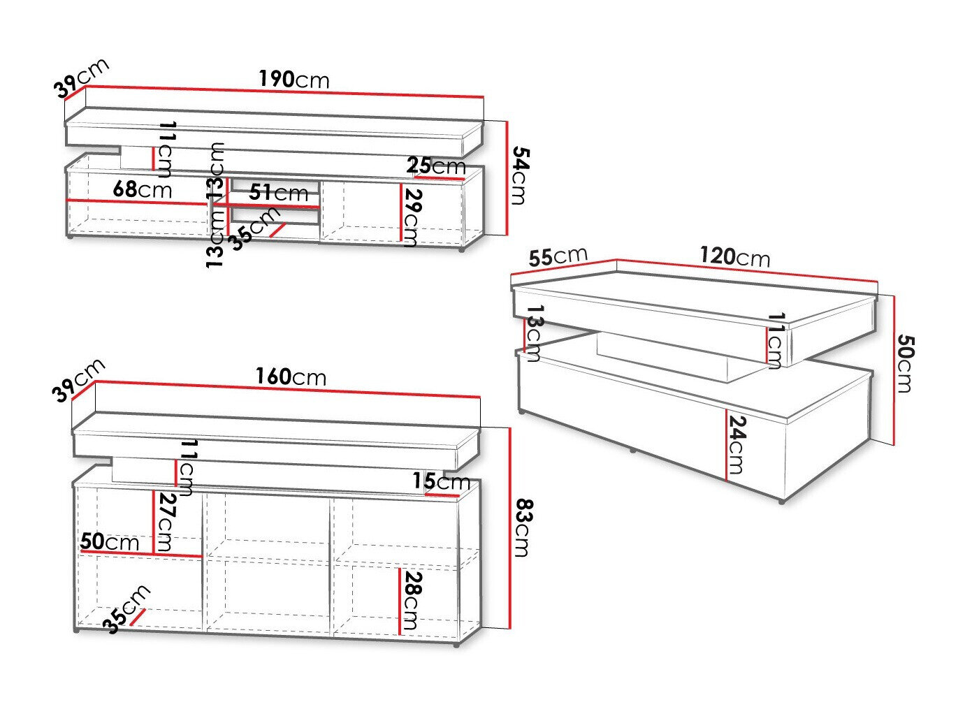 Stuemøbelsæt Monfero (Hvid + Glansfuld hvid)