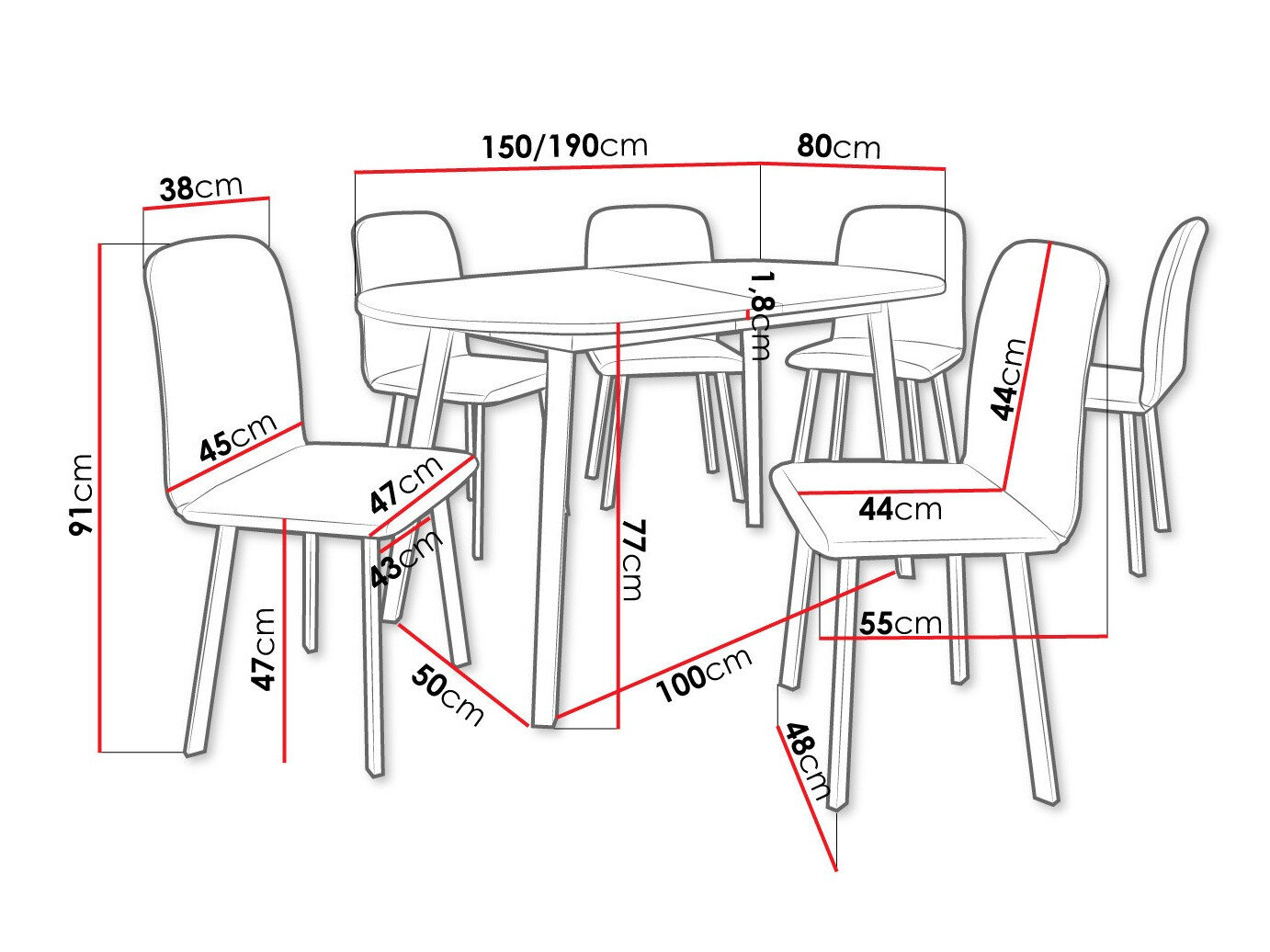 Eetkamerset Edmond 121 (Wit + Zwart)