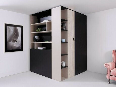 Hoekkledingkast Camteso 113 (Zwart + Eiken + Beige)