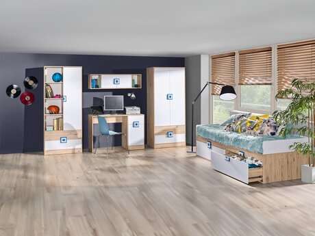 De reeks van de kinderkamer Balvire 116 (Licht eiken + Wit + Turquoise)