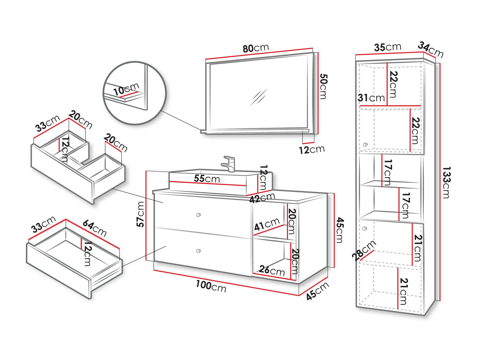 Badeværelsessæt Ophruvi 101 (Valnød + Hvid marmor)