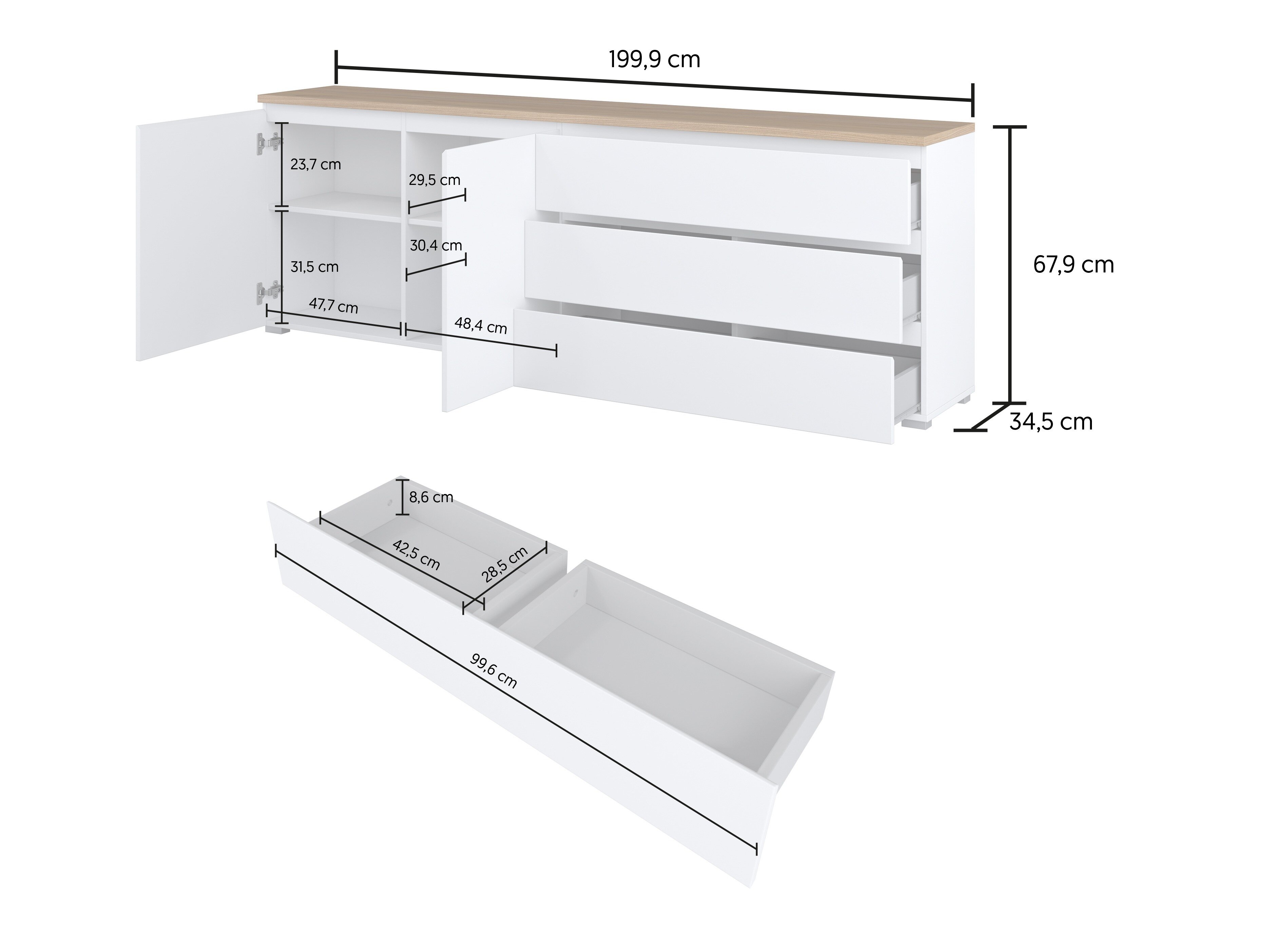 Kommode Baletu 107 (Hvid + Egetræ)