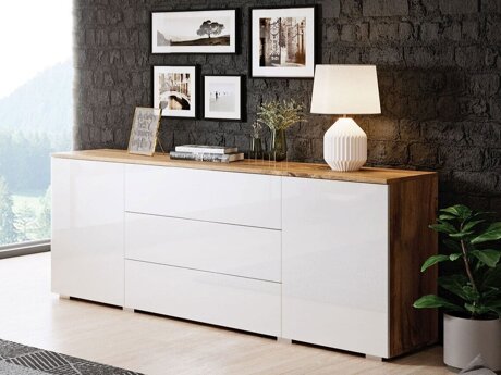 Ladekast Sarasota 129 (Wotan eik + Glanzend wit)