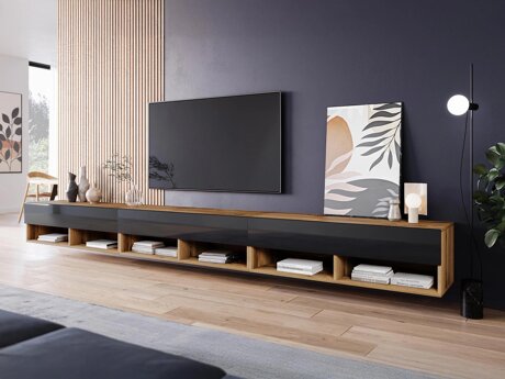 TV-meubel Sarasota 144 (Wotan eik + Glanzend zwart)
