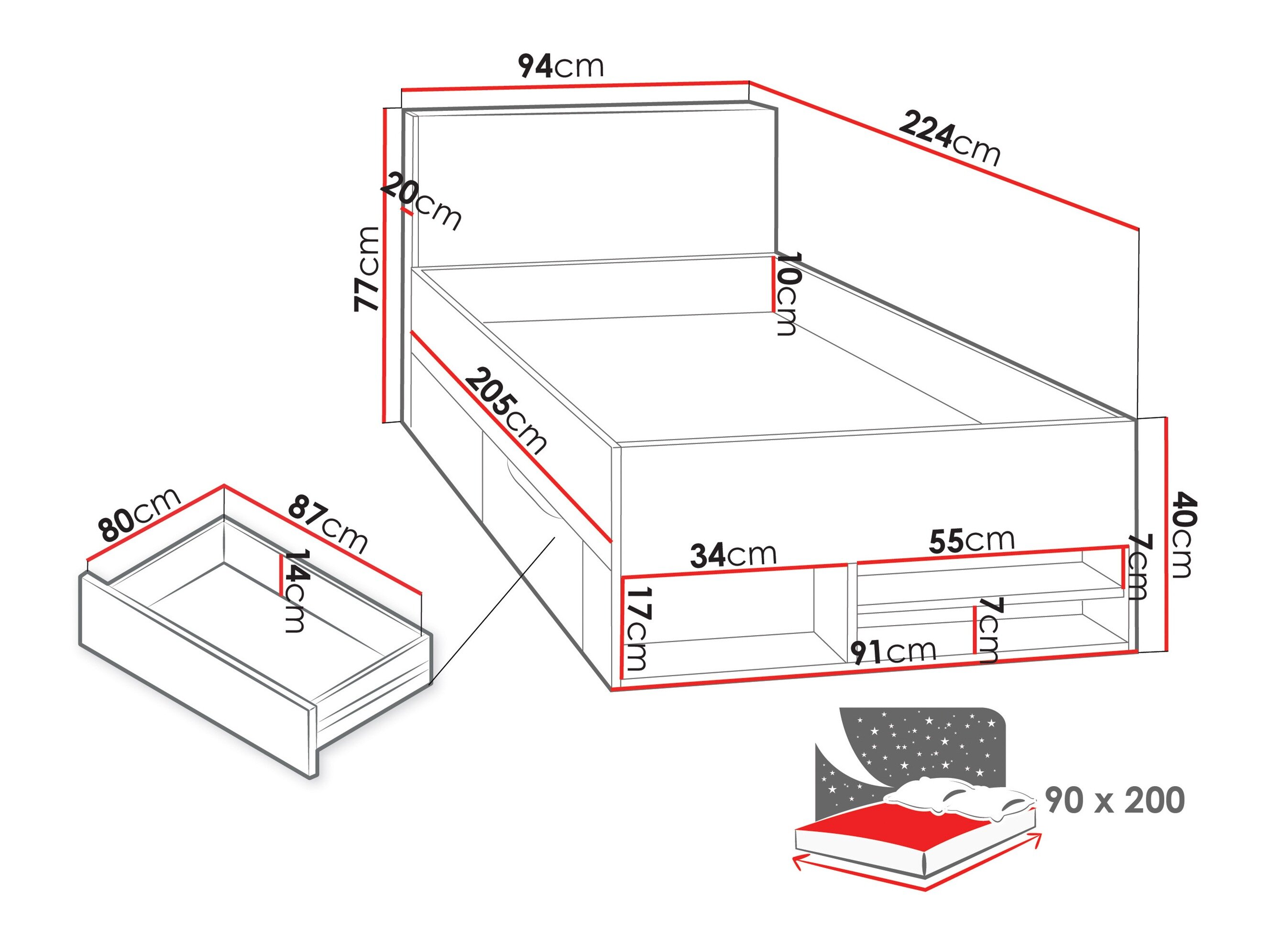 Bed Camteso 112 (Zwart + Eiken + Beige)