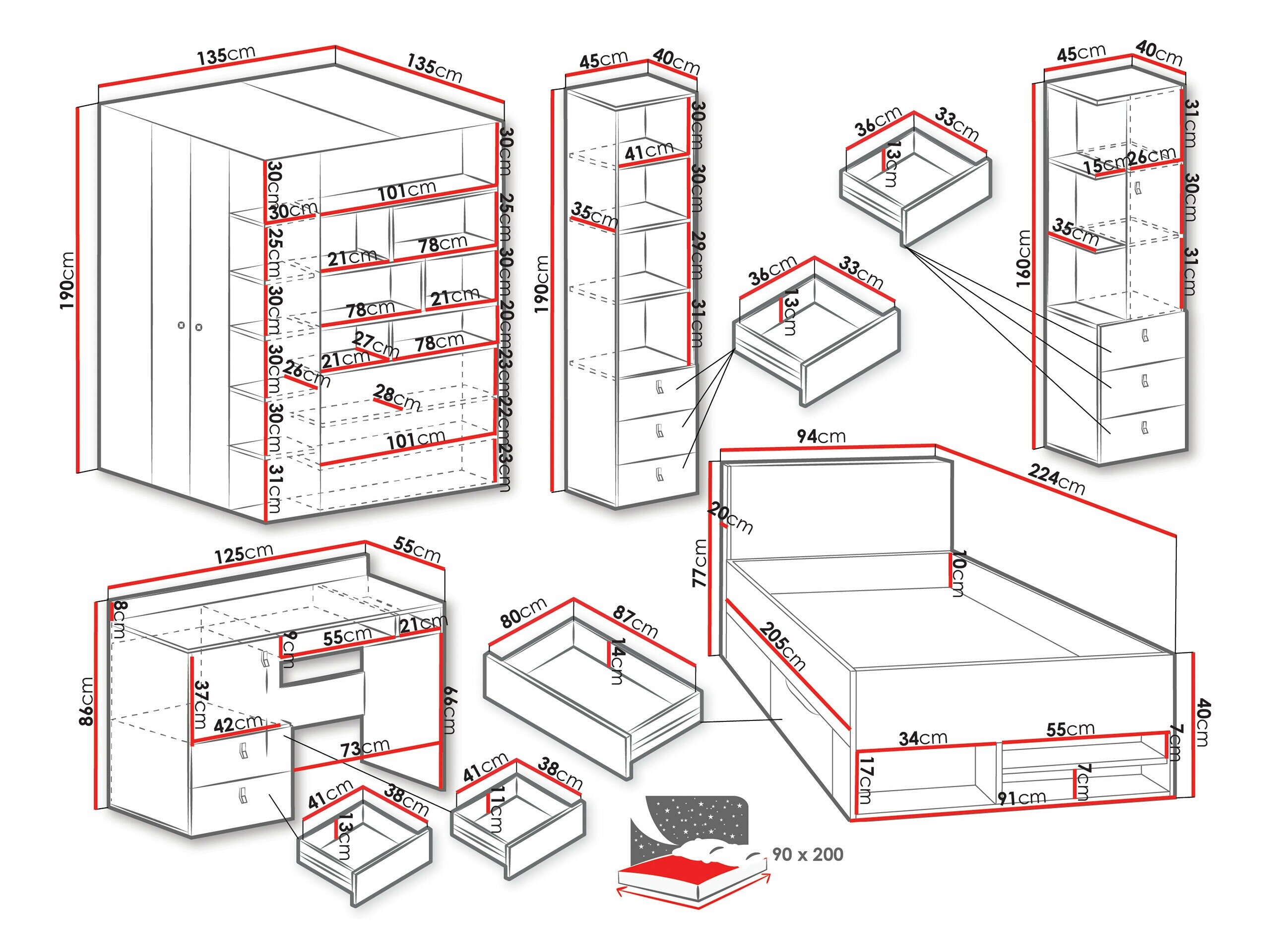 Børneværelsessæt Camteso 115 (Hvid + Egetræ + Turkis)