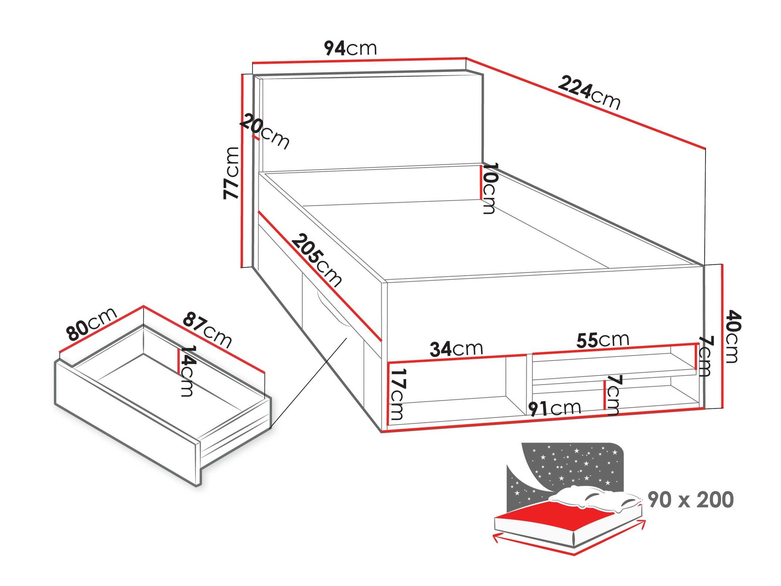 Seng Camteso 112 (Hvid + Egetræ + Turkis)