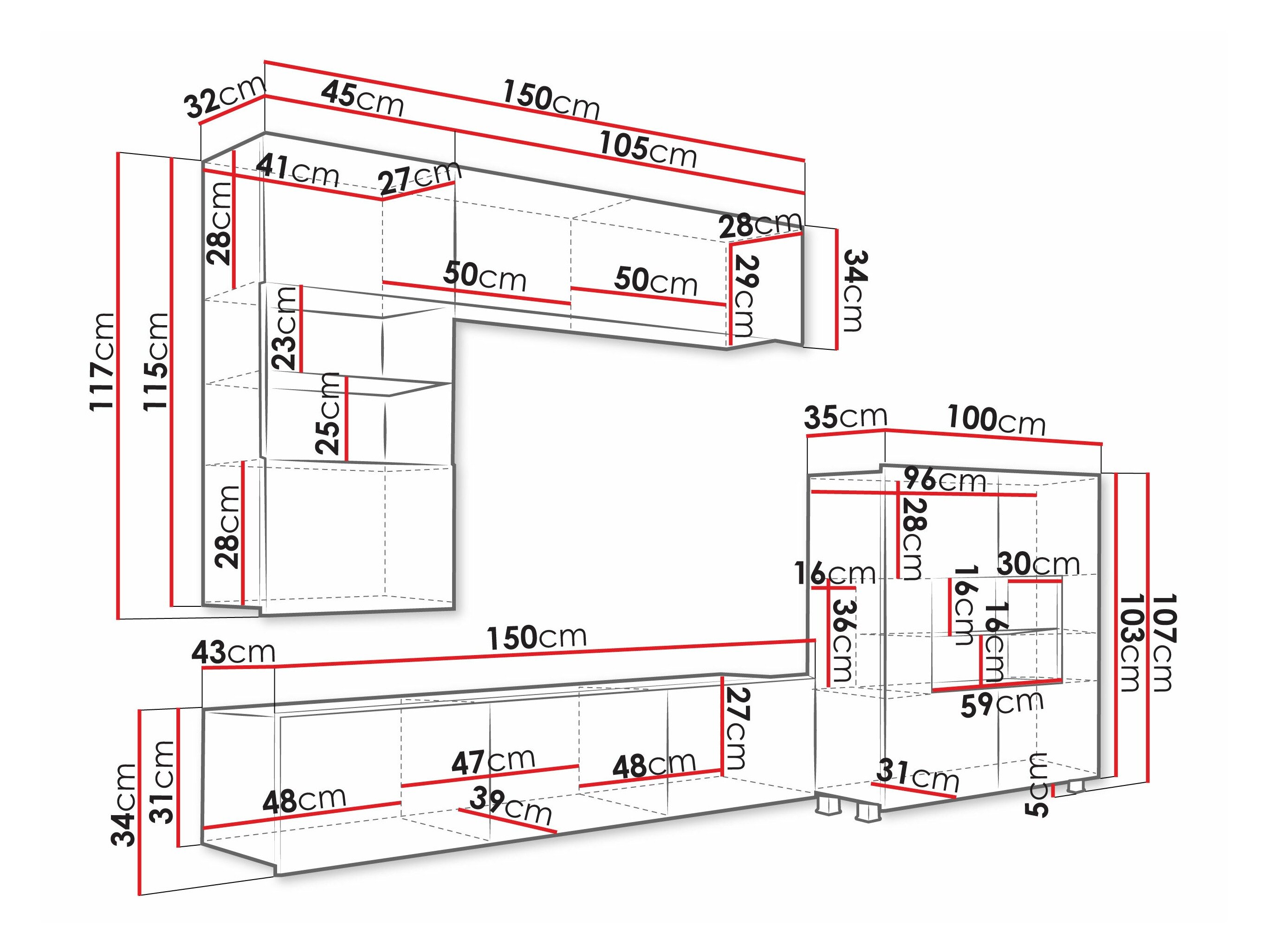 Stuemøbelsæt Remus III (Sort + Blank sort + Hvid + Glansfuld hvid)