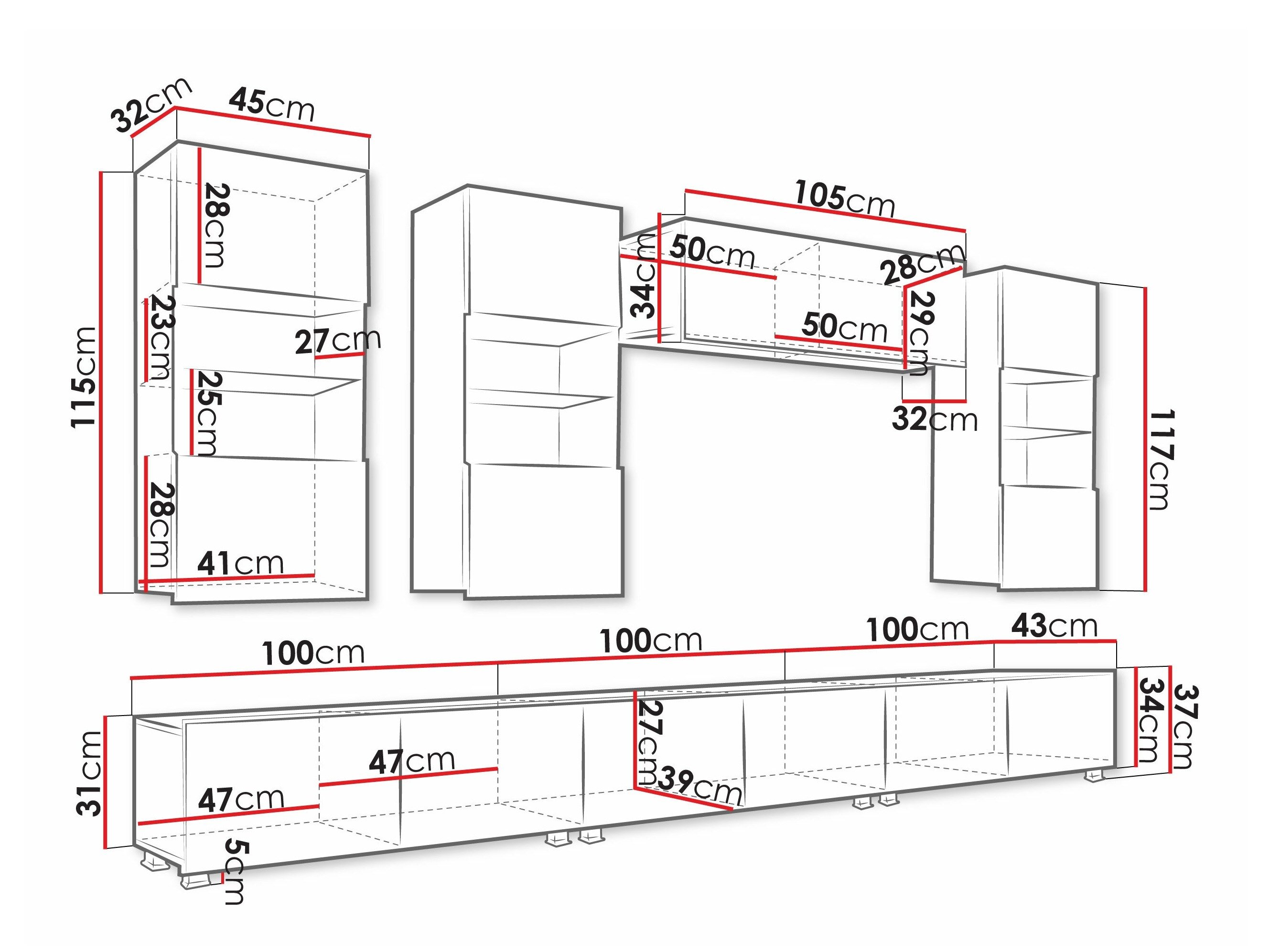 Stuemøbelsæt Remus XI (Hvid + Glansfuld hvid + Sort + Blank sort)