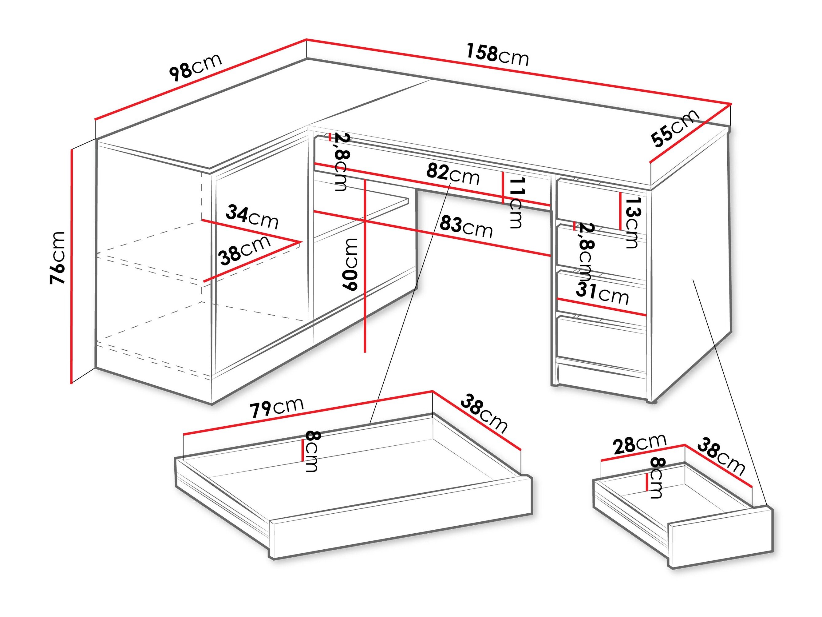 Hjørneskrivebord Comfivo 568 (Glansfuld hvid + Hvid)