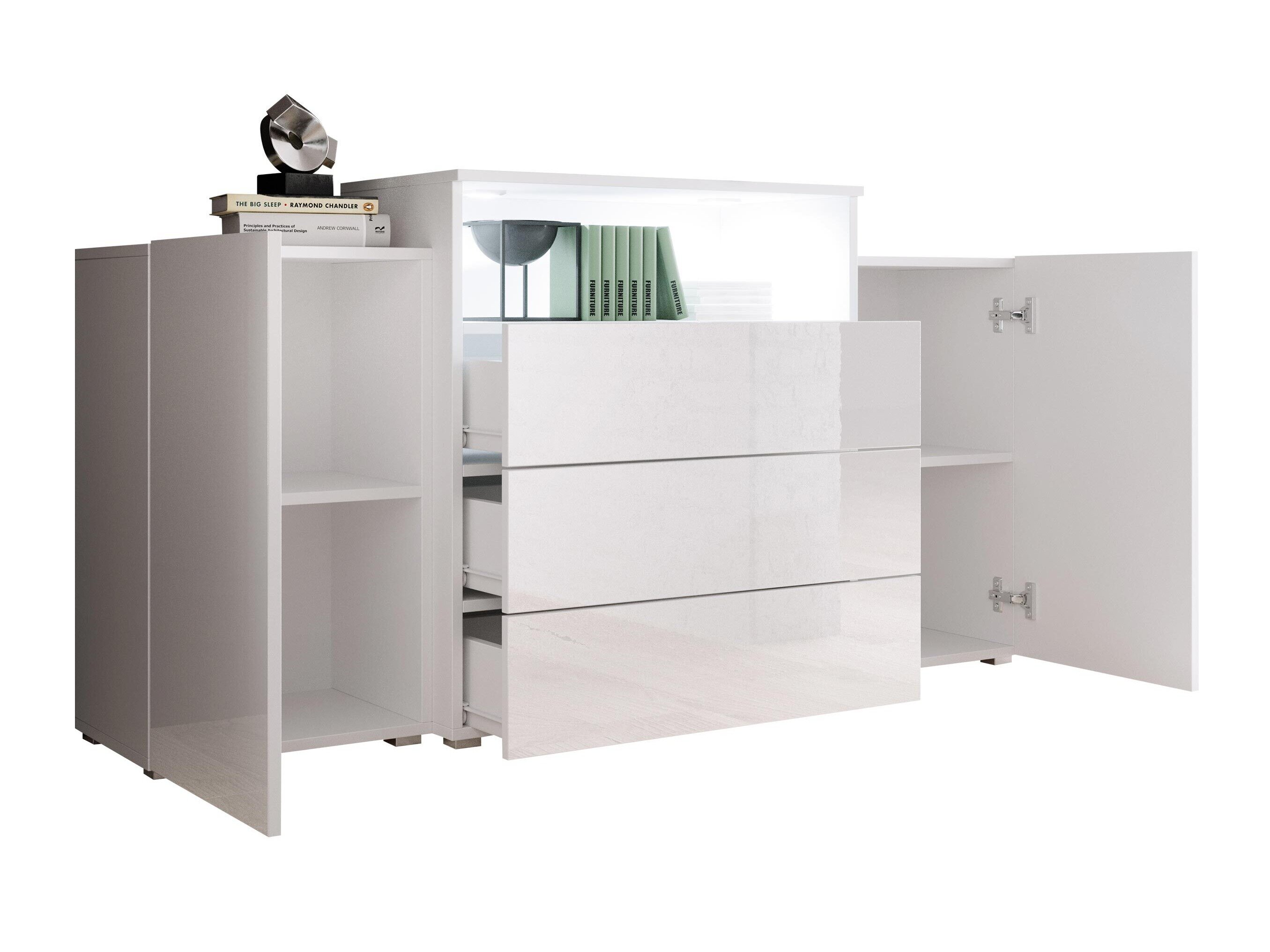 Ladekast Sarasota 127 (Wit + Glanzend wit + Wotan eik)