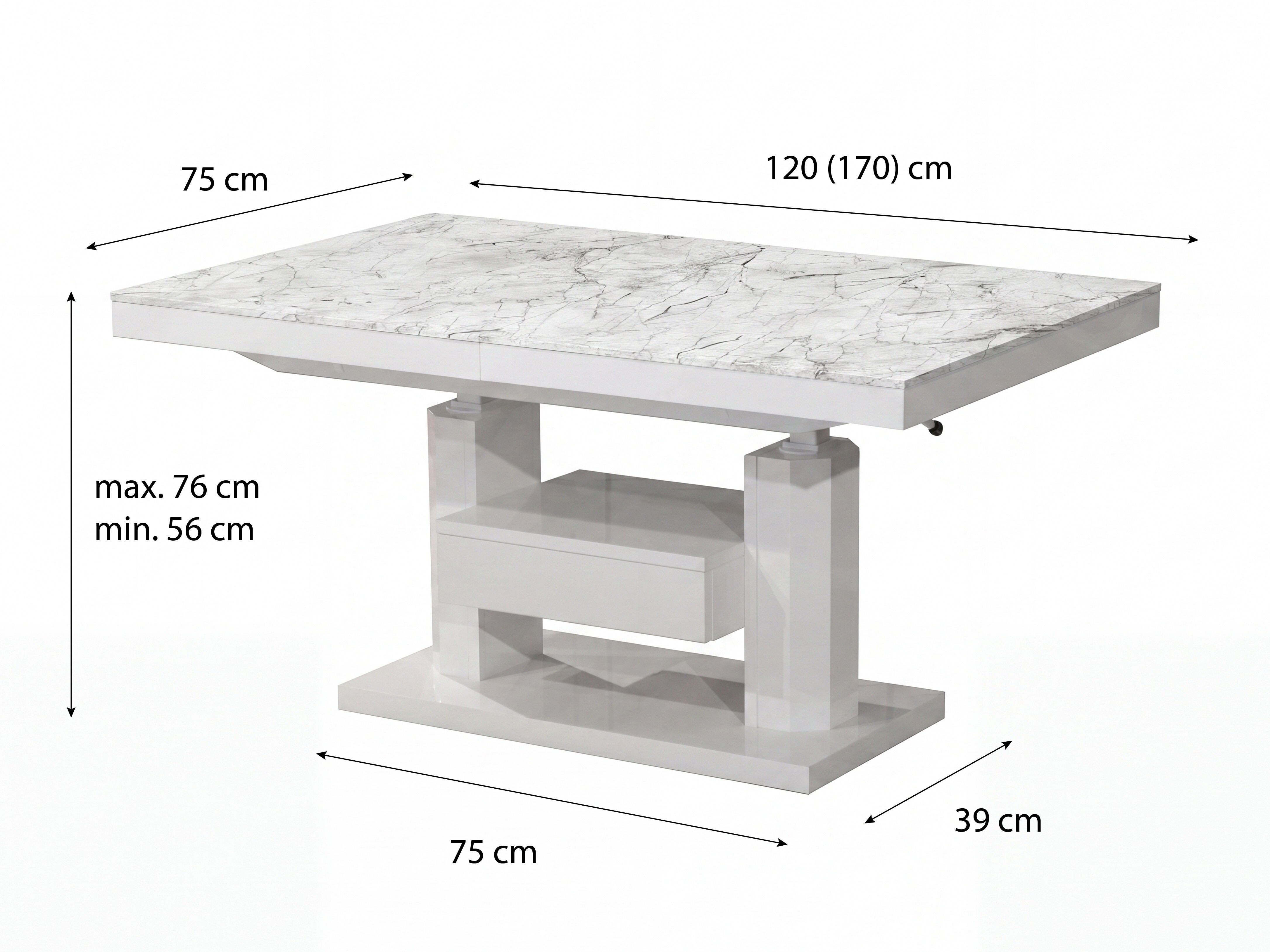 Transformeerbare salontafel Hoboken 100 (Wit marmer + Glanzend wit)