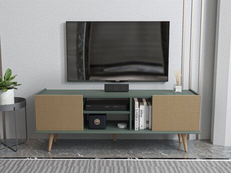 TV-állvány Asheboro 214 (Zöld + Rattan minta)