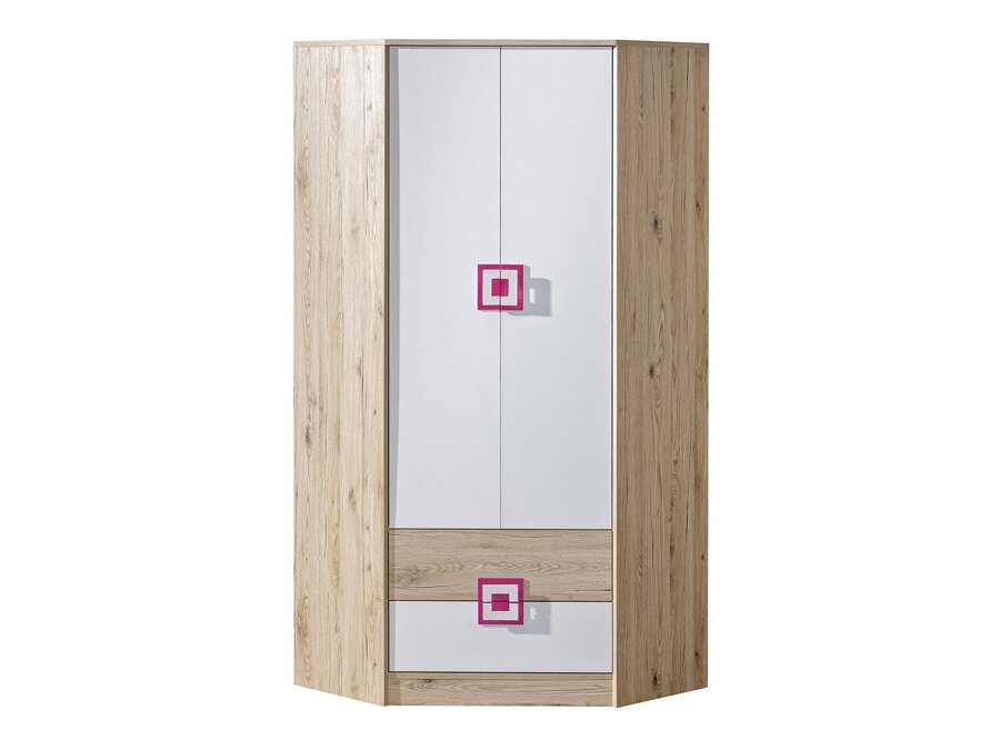 Γωνιακή ντουλάπα Akron D103 (Ελαφριά δρυς + Άσπρο + Τριανταφυλλί)
