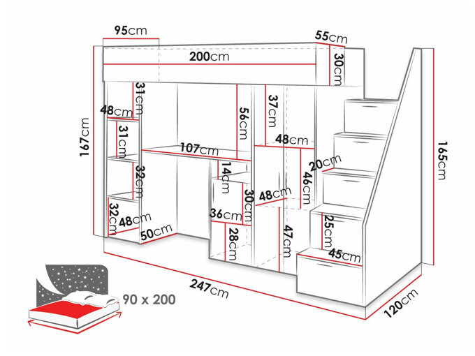 Letto alto Hartford 365, Calcestruzzo + Nero, Singolo, 90x200, Truciolare  laminato, Basi a doghe, 120x247x165cm