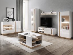 Set mobili soggiorno Kingston E109 (Bianco + Bianco lucido + Nipote di quercia)