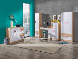 Conjunto de dormitorio infantil Akron D114 (Roble claro + Blanco + Rosa)