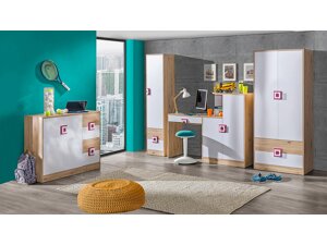 Conjunto de dormitorio infantil Akron D114 (Roble claro + Blanco + Rosa)