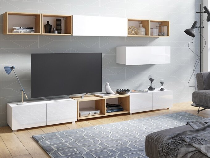 Muebles de Salón para TV, 210x186x35cm, Para TV hasta 80, Chimenea  eléctrica, Blanco y negro